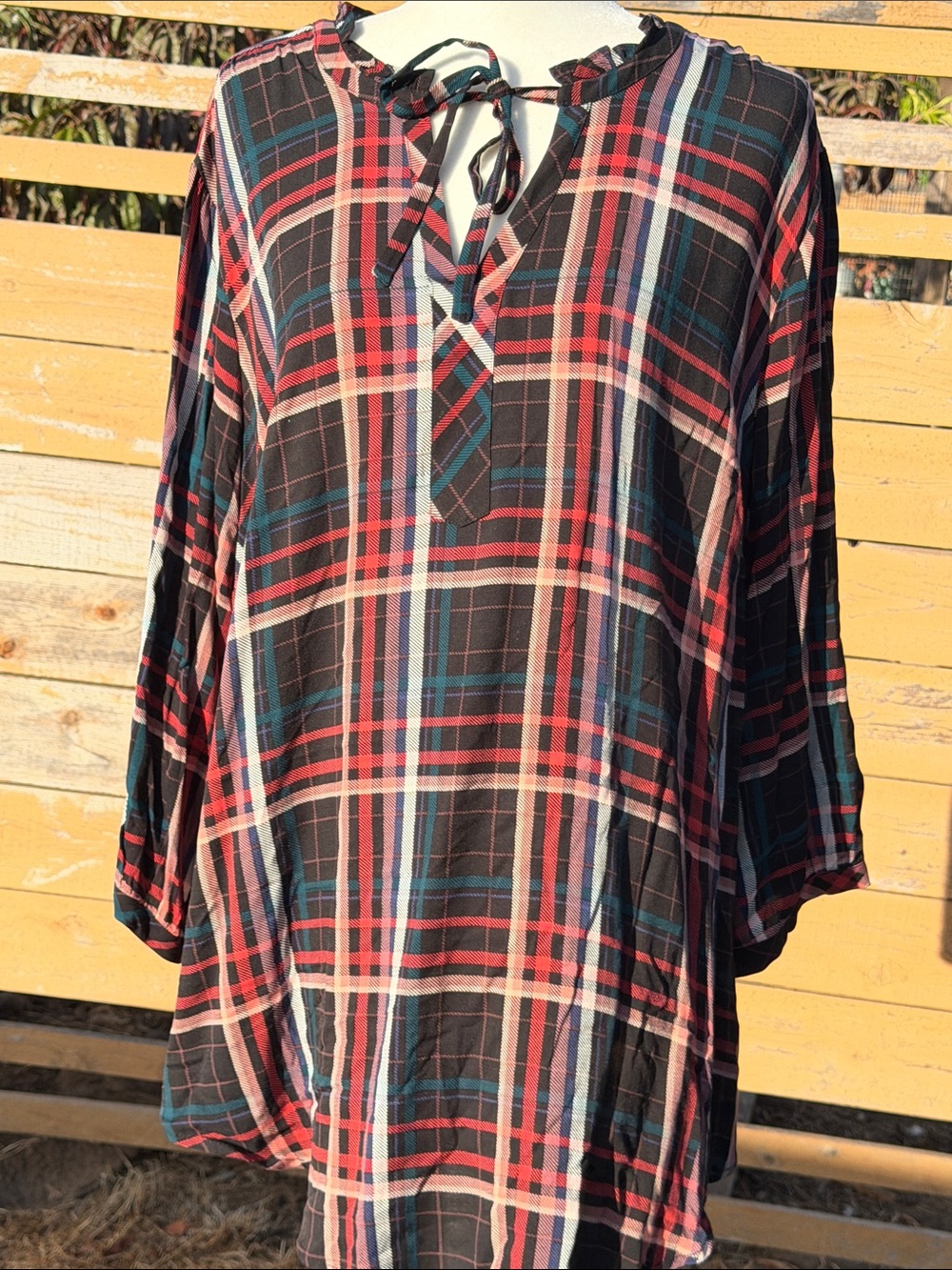 torrid Black Plaid Button-Down Tunic with Red Pink, Black, Purple & Blue Stripes